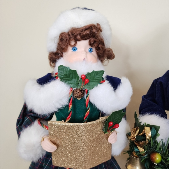 Blue Velvet Velour Plaid Boy and Girl Christmas Carolers Set Christmas Decor - Picture 2 of 14